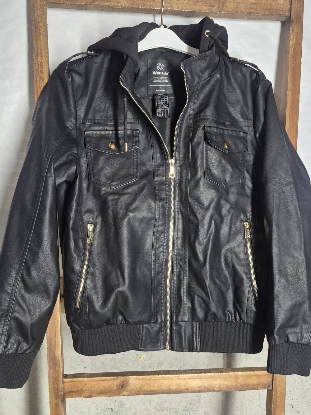 Wantdo Black Faux Leather Hooded Bomber Jacket